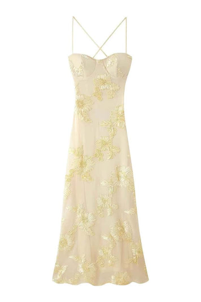 Blue Embroidered Fitted Straps Dress