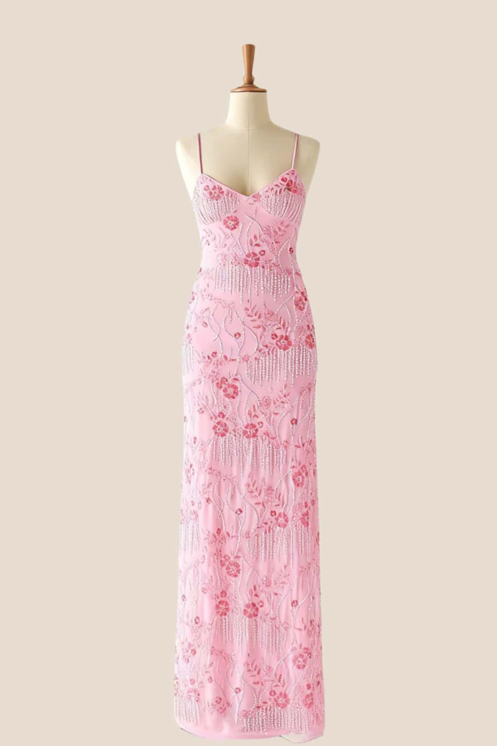 Fuchsia Beaded Straps Fitted Long Dress