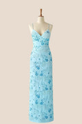 Blue Beaded Straps Fitted Long Dress