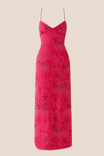 Pink Beaded Straps Fitted Long Dress