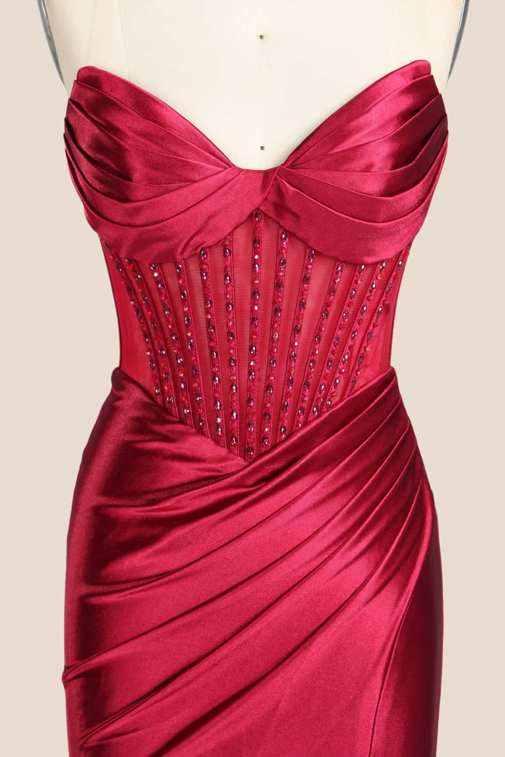 Pink Beaded Ruched Satin Fitted Formal Dress