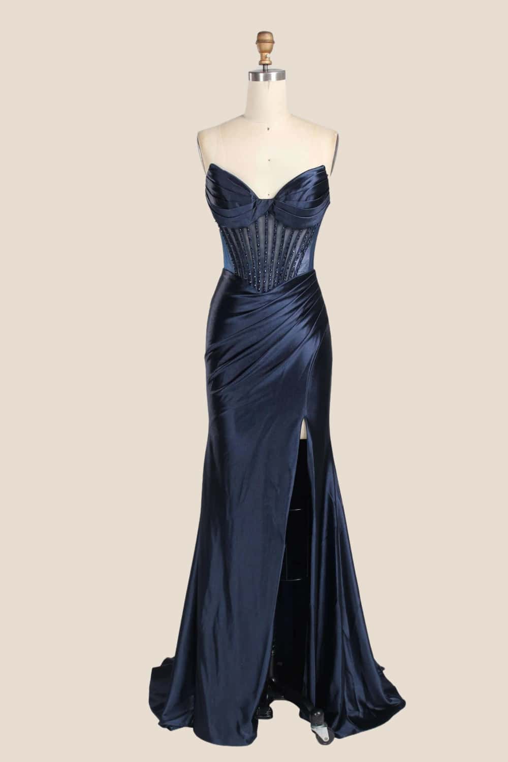 Pink Beaded Ruched Satin Fitted Formal Dress