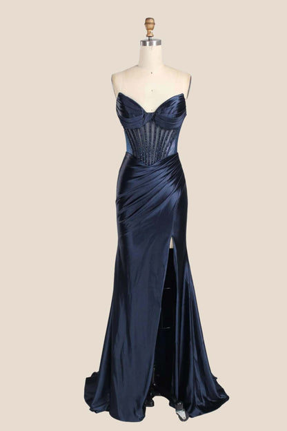 Pink Beaded Ruched Satin Fitted Formal Dress