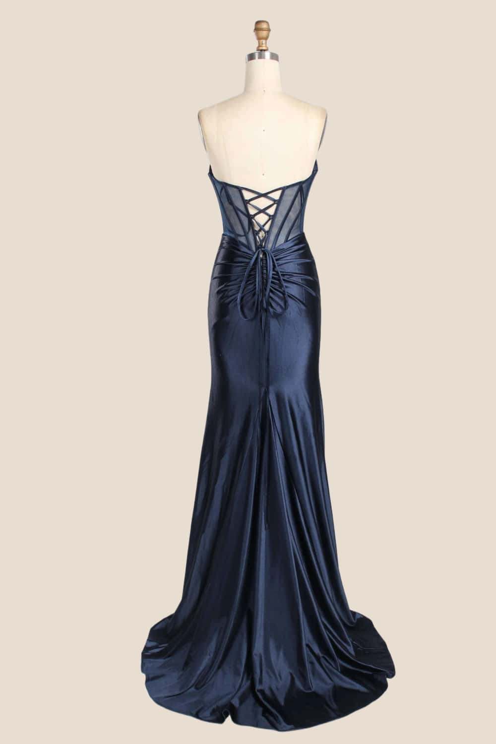 Pink Beaded Ruched Satin Fitted Formal Dress