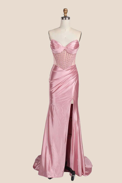 Navy Blue Beaded Ruched Satin Fitted Formal Dress