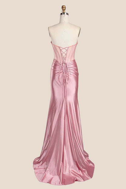 Navy Blue Beaded Ruched Satin Fitted Formal Dress