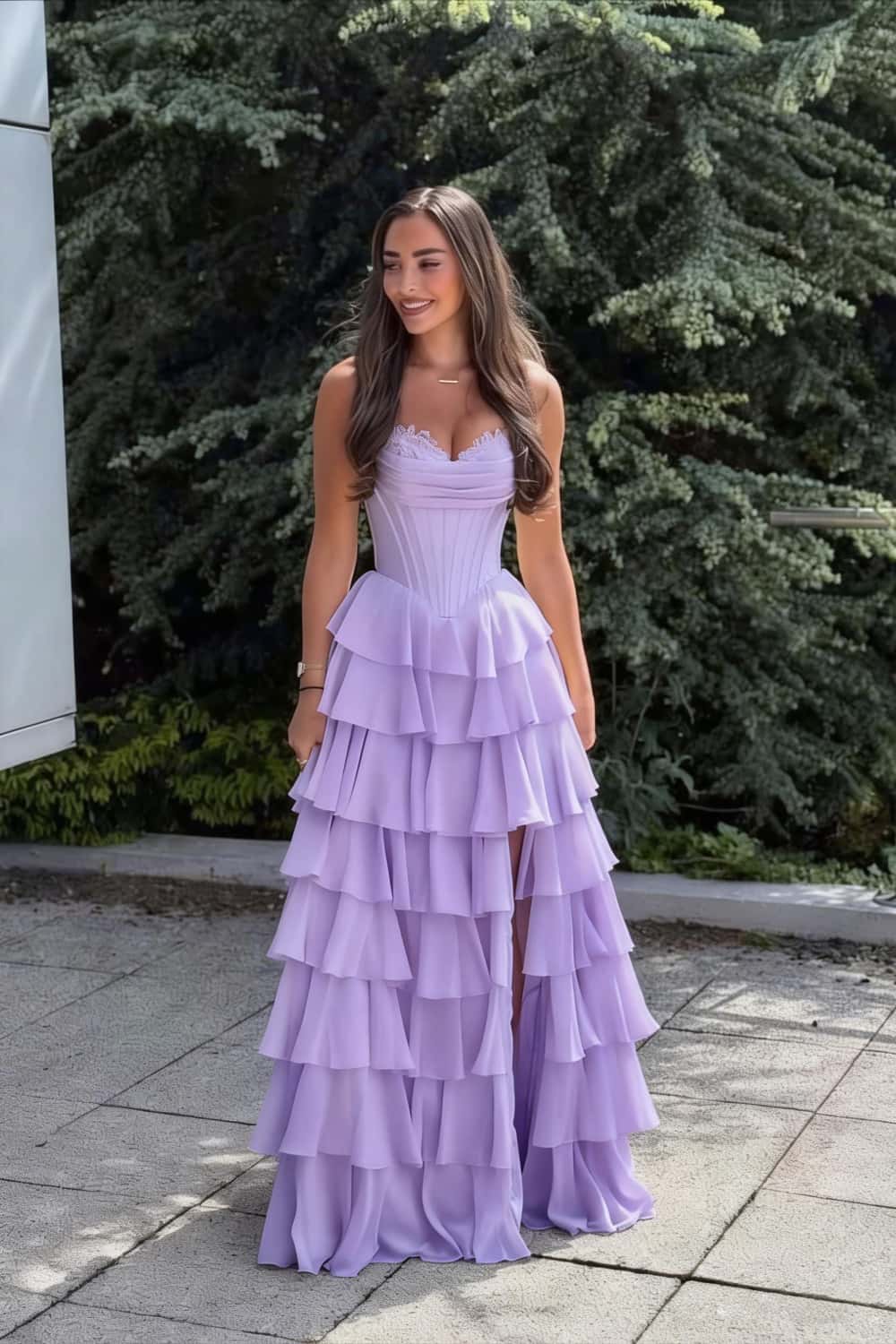 Light Blue Corset Chiffon Tiered Formal Gown