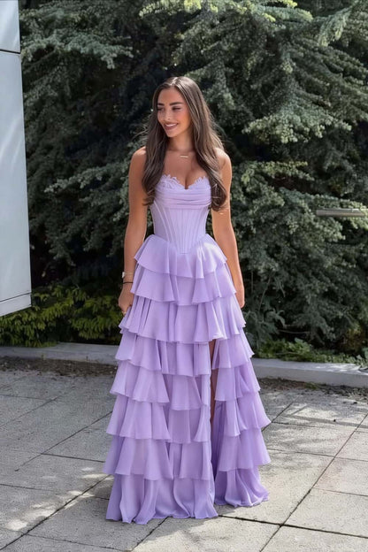 Light Blue Corset Chiffon Tiered Formal Gown