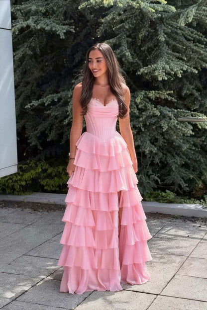 Light Blue Corset Chiffon Tiered Formal Gown