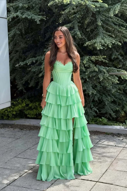 Light Blue Corset Chiffon Tiered Formal Gown