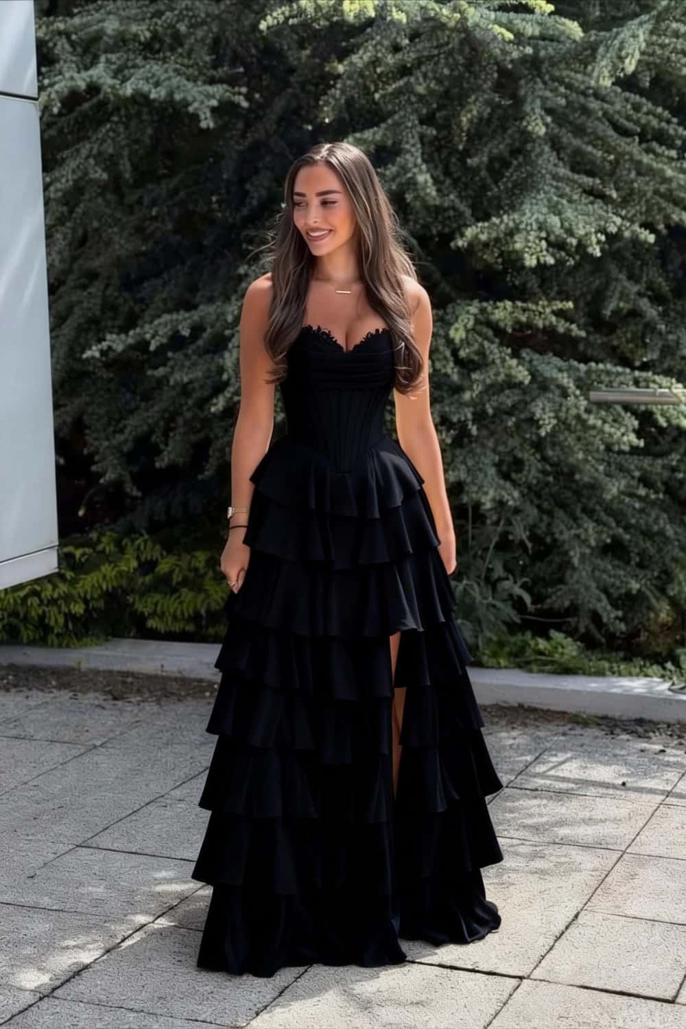 Pink Corset Chiffon Tiered Formal Gown