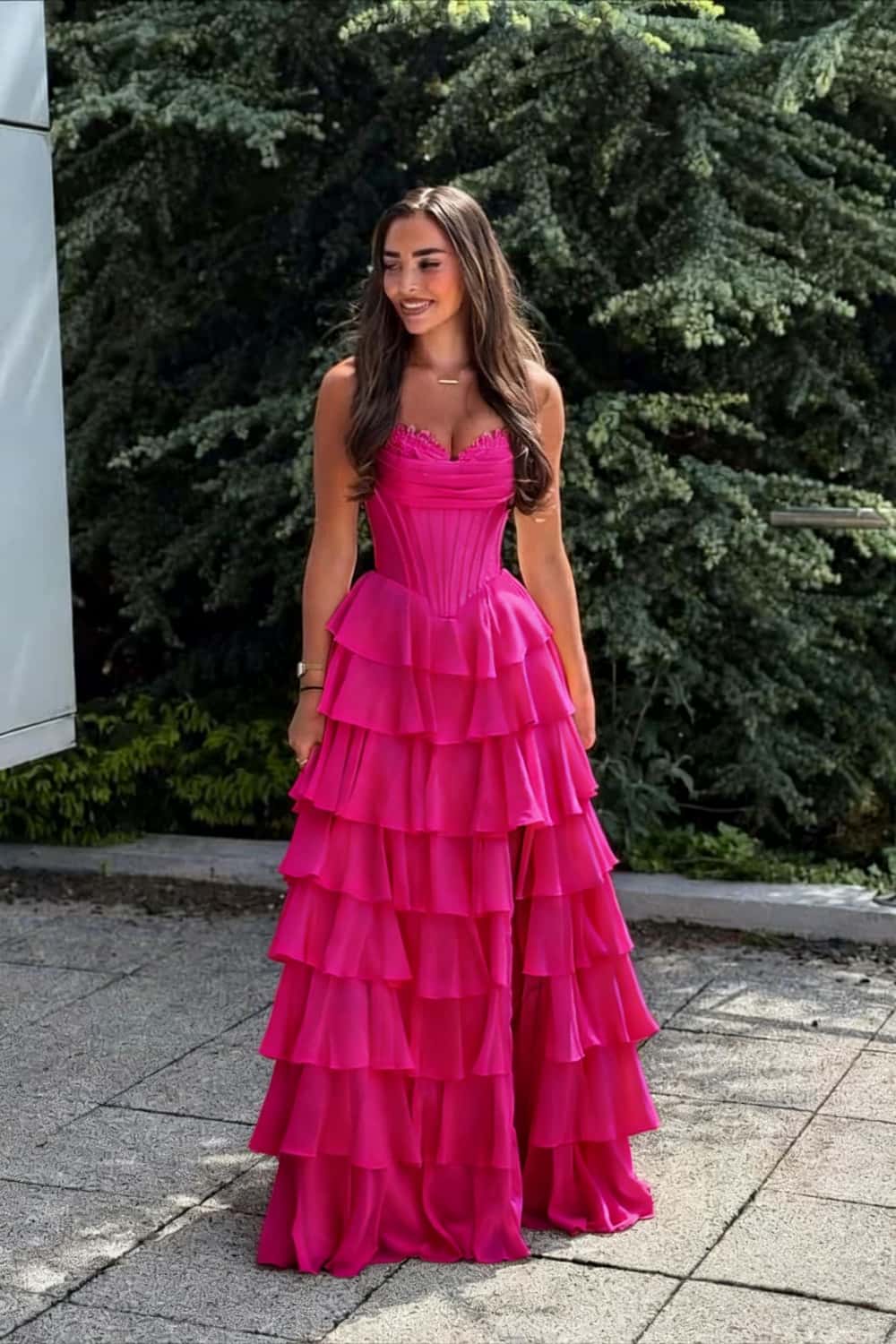 Pink Corset Chiffon Tiered Formal Gown