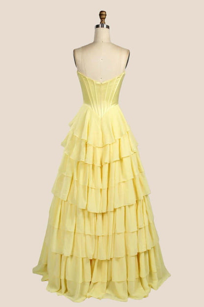 Pink Corset Chiffon Tiered Formal Gown