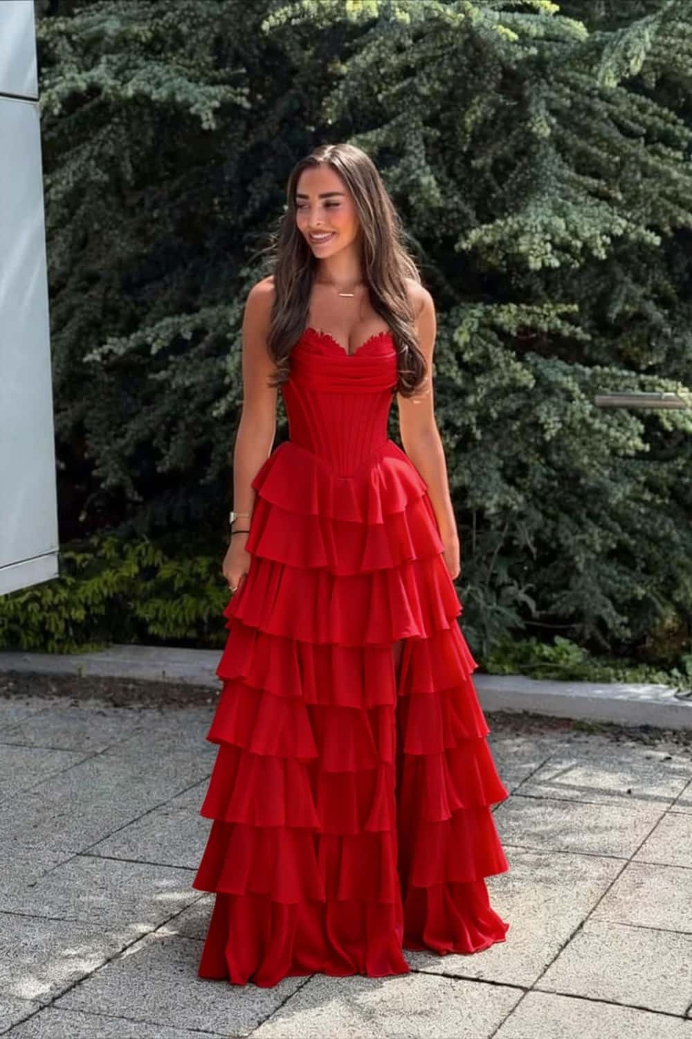 Pink Corset Chiffon Tiered Formal Gown