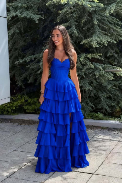 Light Blue Corset Chiffon Tiered Formal Gown