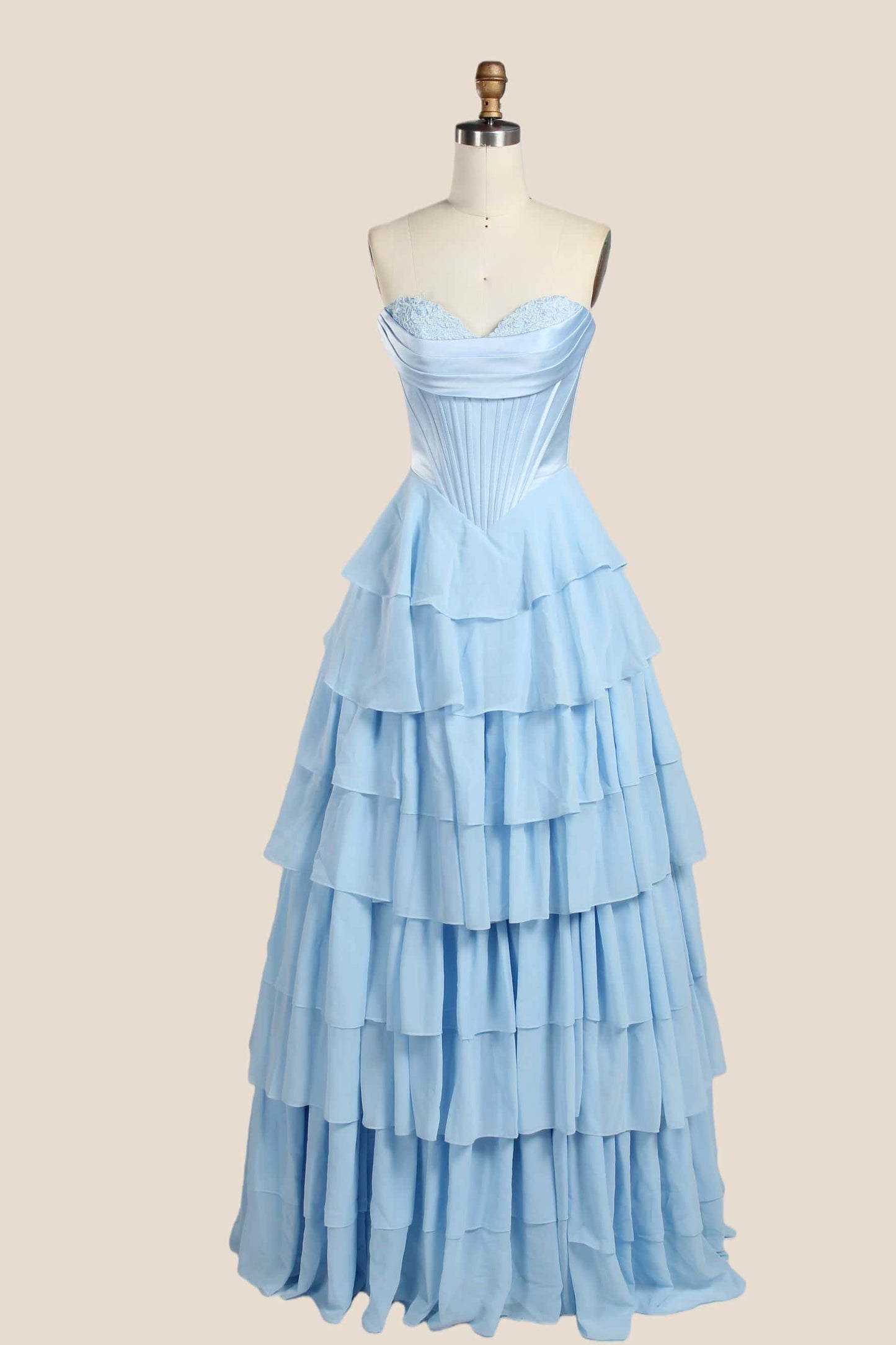 Pink Corset Chiffon Tiered Formal Gown