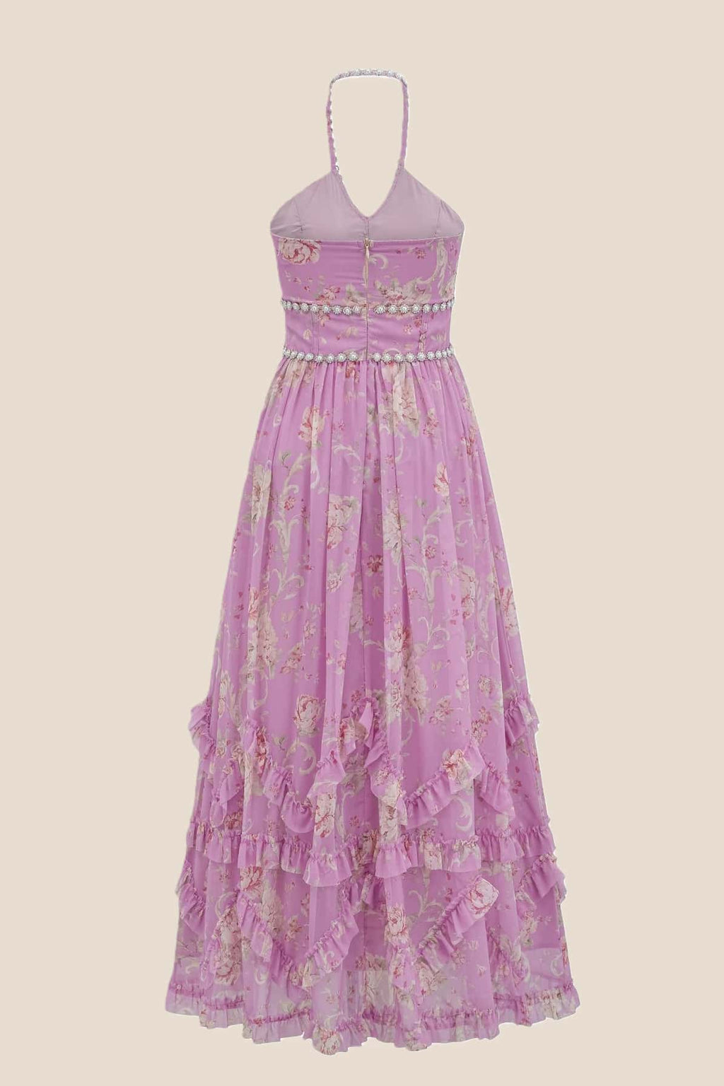 Pearls Halter Purple Floral Chiffon Long Dress