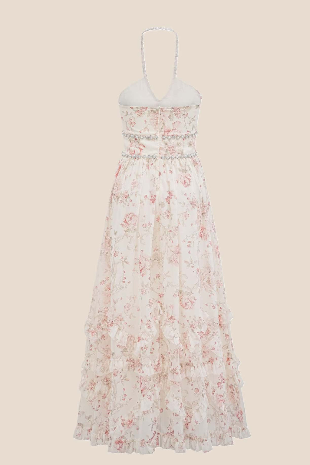 Pearls Halter Purple Floral Chiffon Long Dress
