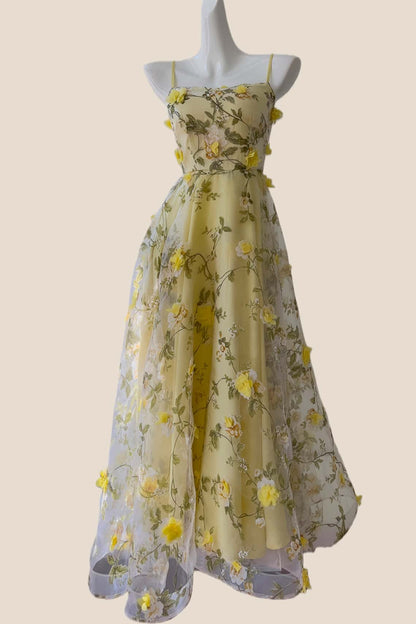 Blue 3D Floral A-line Long Dress