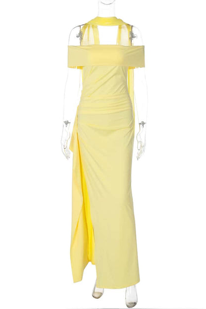 Off the Shoulder Yellow Slit Dress