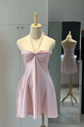 Pink Halter Ruched Short Dress