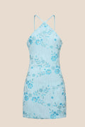 Blue Halter Beaded Fitted Short Dress