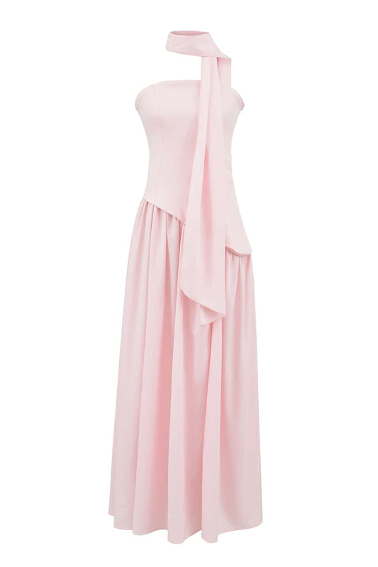 Pink Crepe Bodice Gathered Long Dress