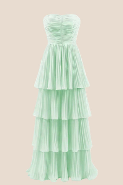 Blue Chiffon Pleated A-line Tiered Maxi Dress