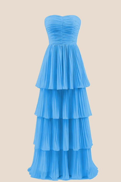 Blue Chiffon Pleated A-line Tiered Maxi Dress