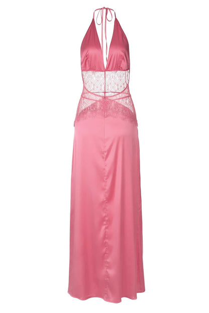 Blue Halter Sheer Plunge Long Maxi Dress