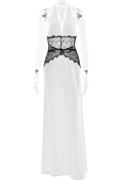 Halter Blue Sheer Plunge Long Maxi Dress