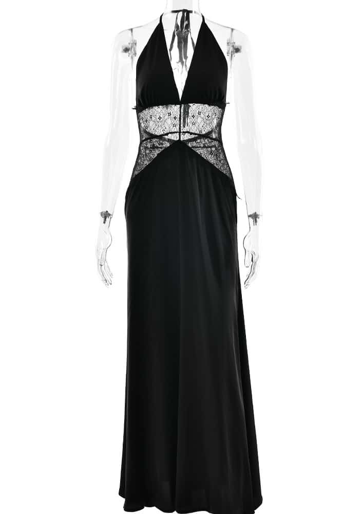 Halter Blue Sheer Plunge Long Maxi Dress
