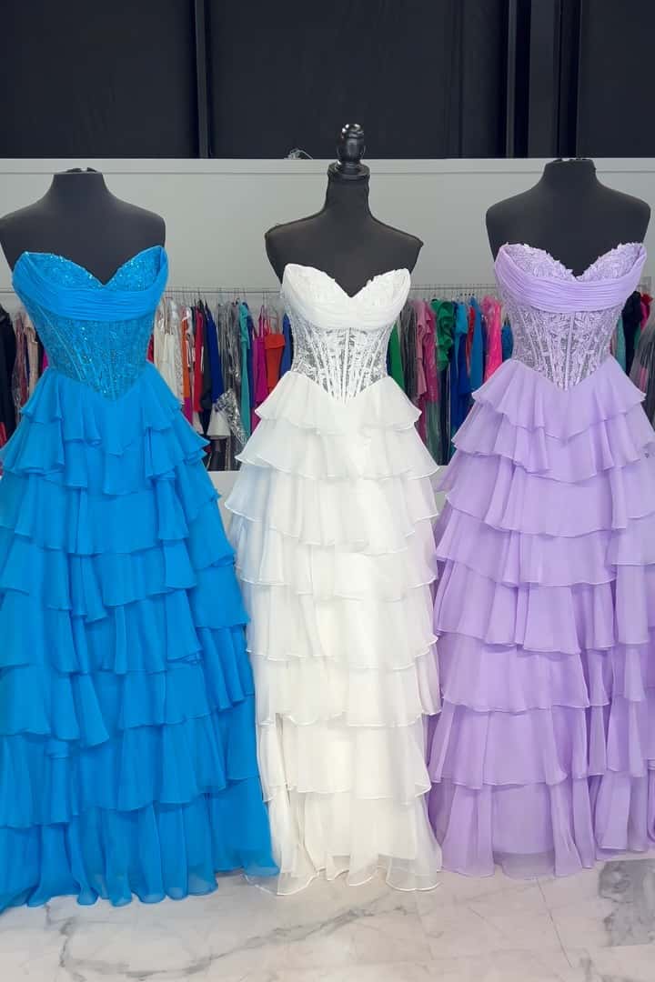 Lavender Lace Corset Chiffon Ruffle Long Dress