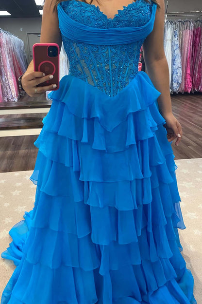 Light Blue Lace Corset Chiffon Ruffle Long Dress