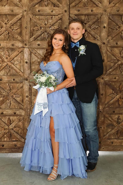 Light Blue Lace Corset Chiffon Ruffle Long Dress