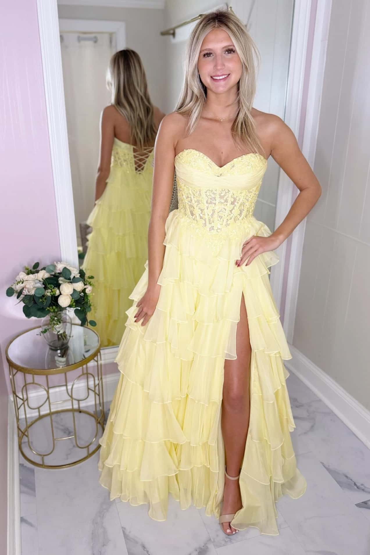 Lavender Lace Corset Chiffon Ruffle Long Dress