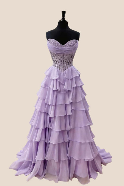 Light Blue Lace Corset Chiffon Ruffle Long Dress