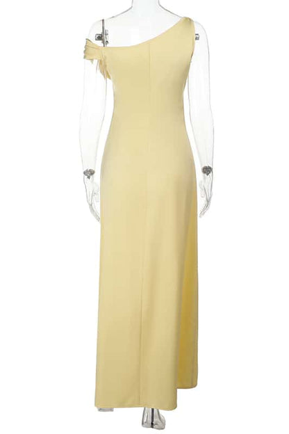One Shoulder Fuchsia Satin Fitted Long Maxi Dress