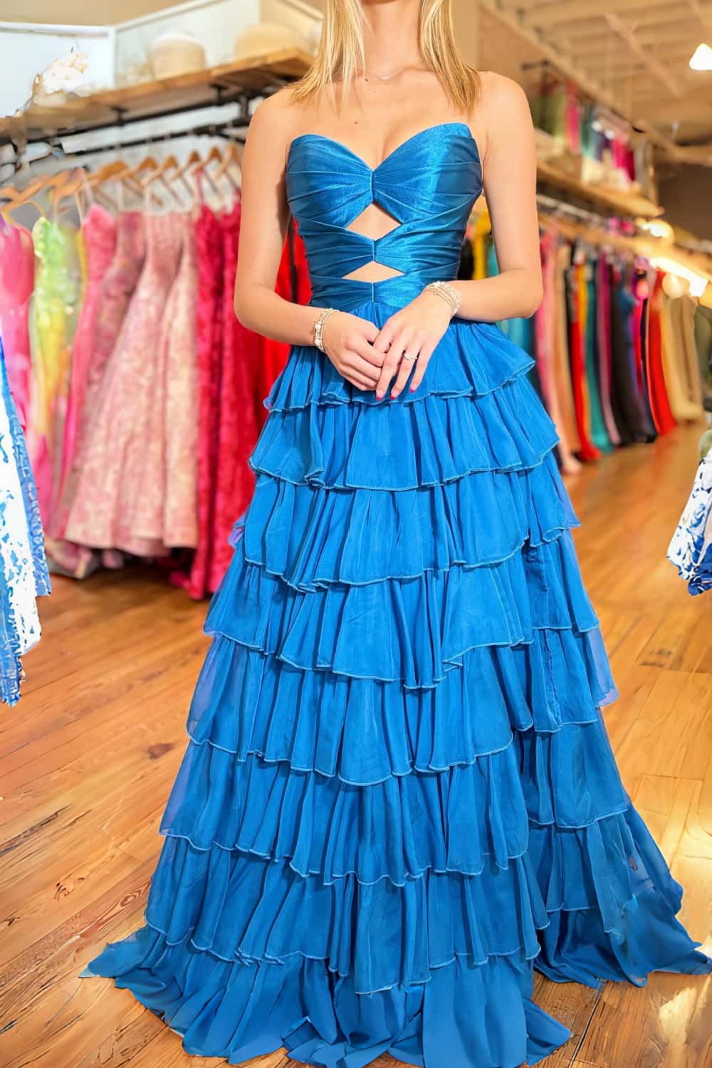 Keyholes Light Blue A-line Ruffle Prom Dress