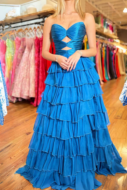 Keyholes Light Blue A-line Ruffle Prom Dress