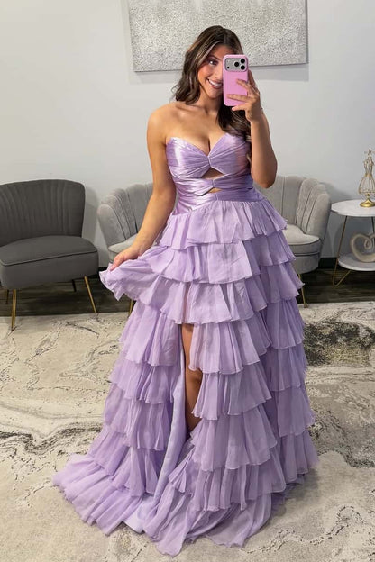 Keyholes Light Blue A-line Ruffle Prom Dress
