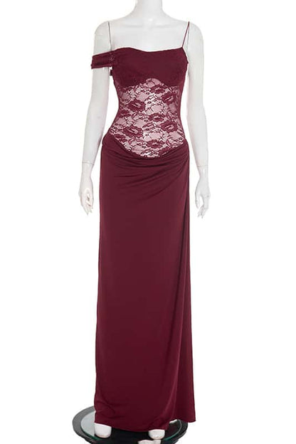 One Shoulder Brown Sheer Lace Ruched Long Dress