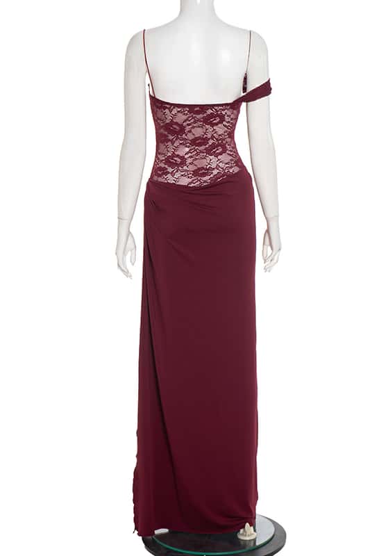 One Shoulder Brown Sheer Lace Ruched Long Dress