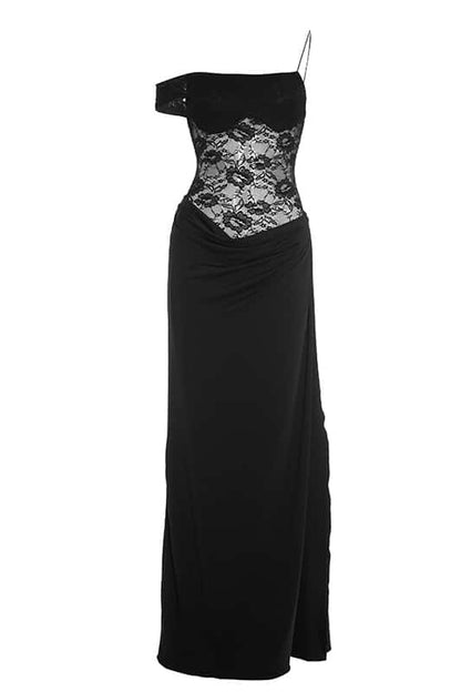 One Shoulder Brown Sheer Lace Ruched Long Dress