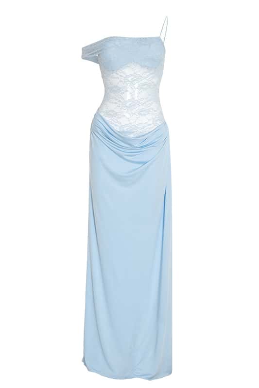 One Shoulder Brown Sheer Lace Ruched Long Dress