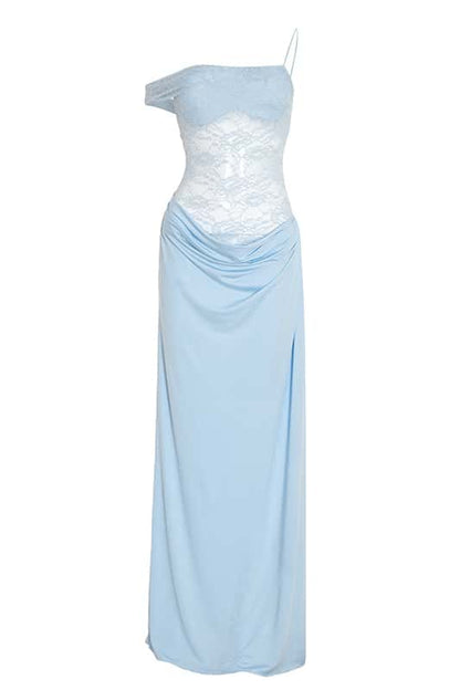 One Shoulder Brown Sheer Lace Ruched Long Dress