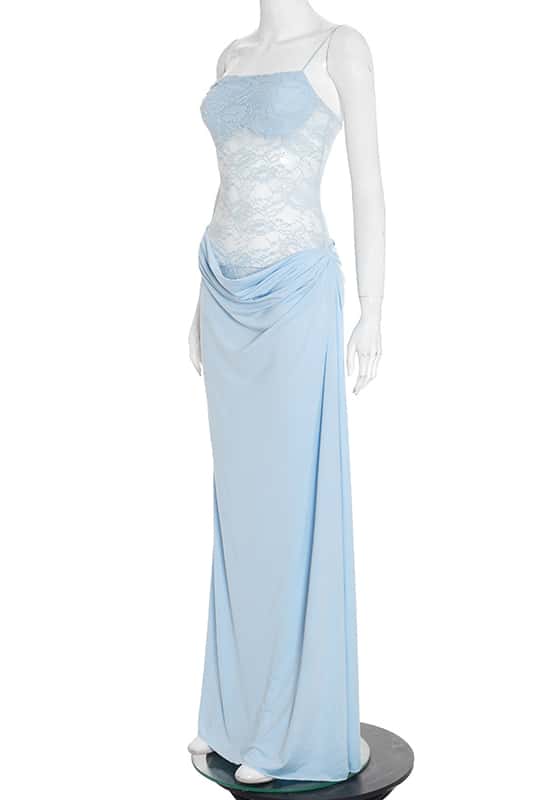 One Shoulder Brown Sheer Lace Ruched Long Dress