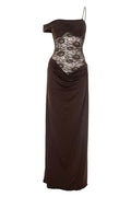 One Shoulder Brown Sheer Lace Ruched Long Dress