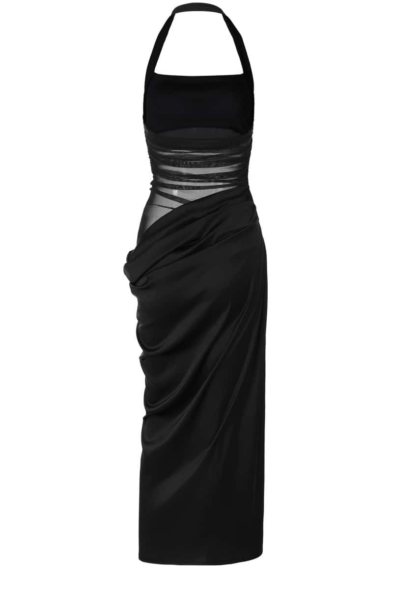 Halter Brown Ruched Cutout Long Dress