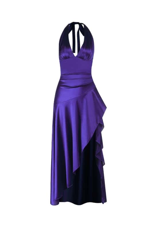 Halter Navy Blue Satin Frill Long Dress